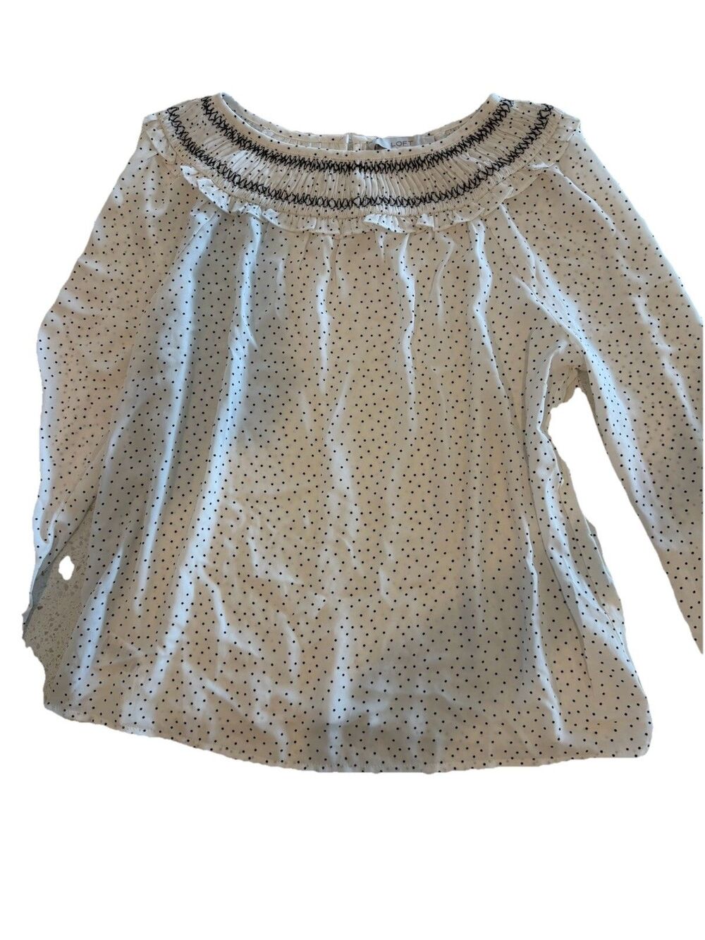 LOFT White Black Polka Dot Smocked Ruffle Blouse Balloon Sleeve M